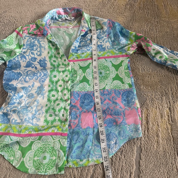 Zara colorful blouse patchwork silky satin wide sleeves pink blue green small - Picture 4 of 5